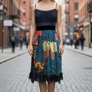 Sue Wong Ruffle Silk Strappy Dress Black Floral Botanical Print SZ 0